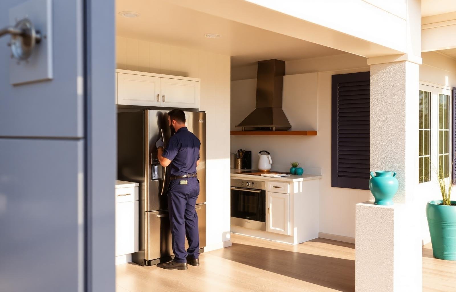 Technician repairing a stainless steel refrigerator in a coastal Solana Beach CA home kitchen
